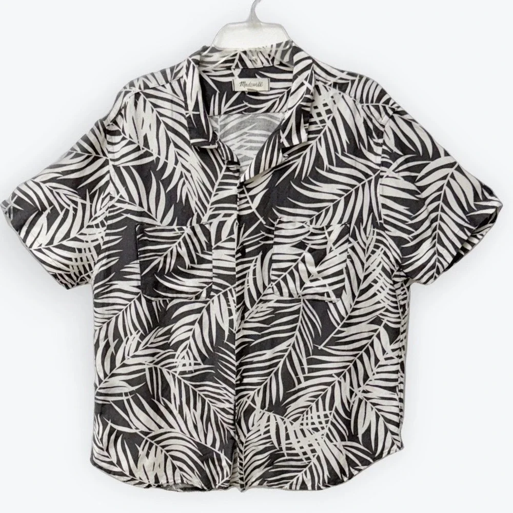 Madewell Mens Large Black White Tropical Palm Leaf Linen Blend Camp Shirt L‎